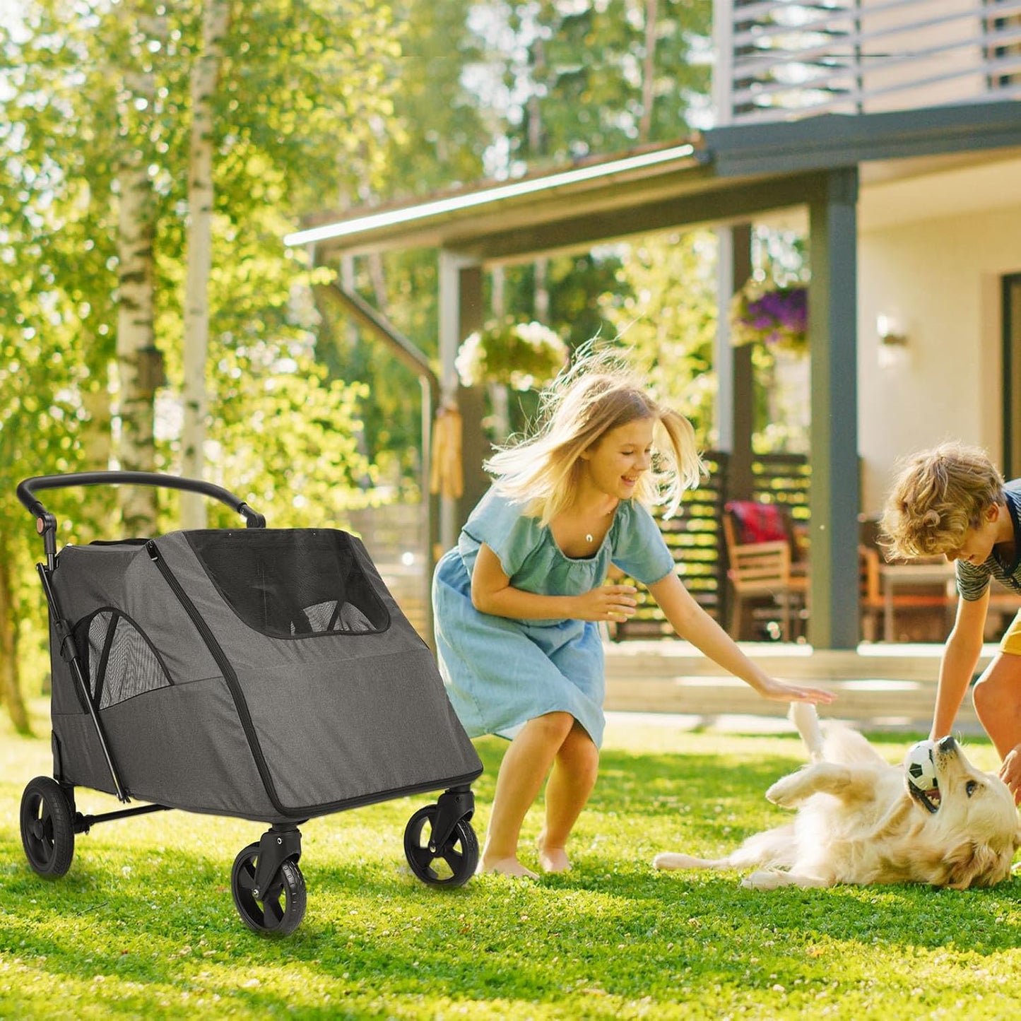 Large Dog Travel Stroller with 4 Heavy Duty Wheels Pet Stroller with Adjustable Handle - Double Doggie Capacity Jogger Wagon with Back Front Door for Small Medium Large Dogs (Dark Light Gray)