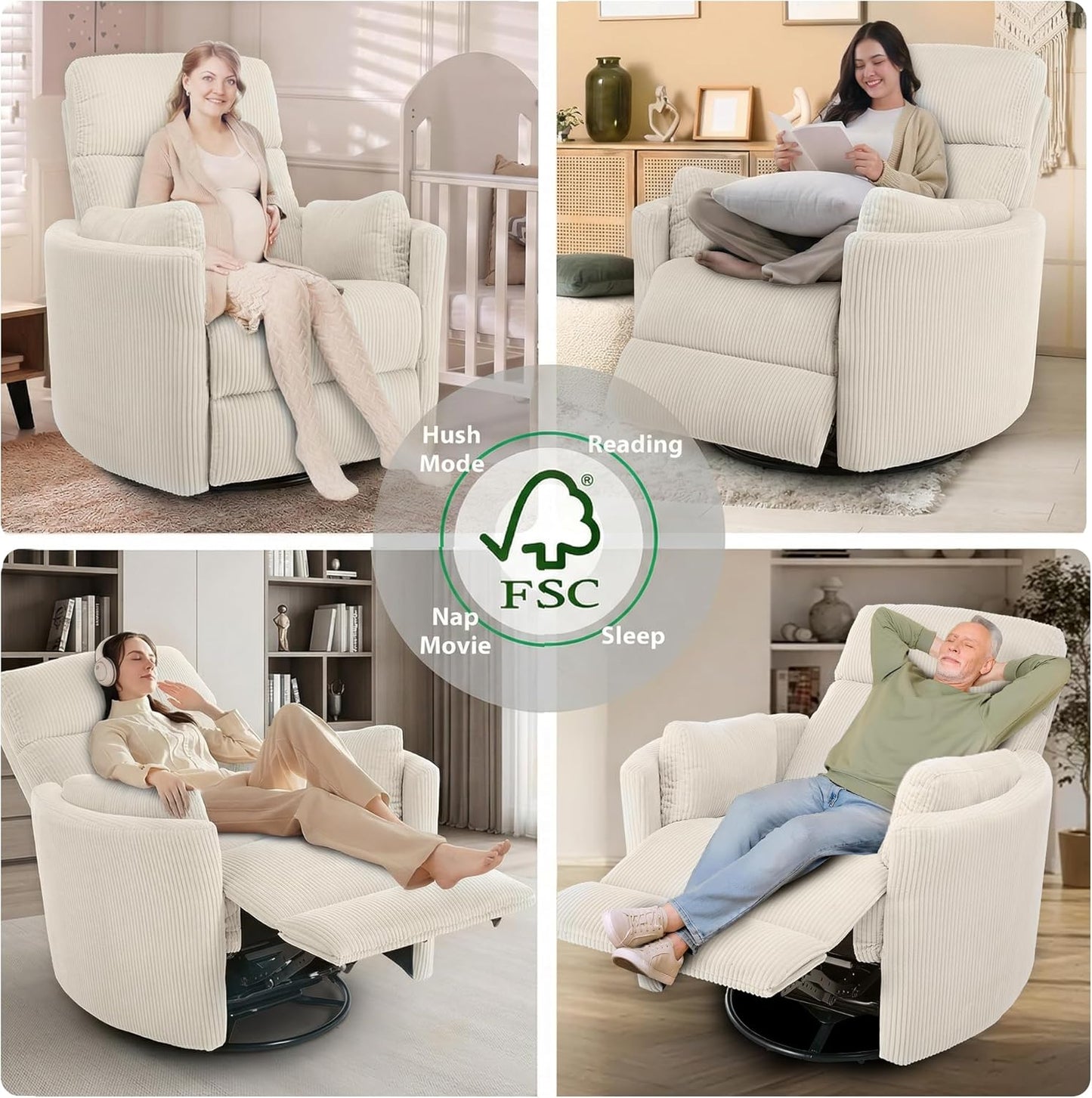 Oversized Swivel Rocking Chair, Manual Large Rocker Recliner Chairs for Adults, Corduroy Nursery Glider Barrel Chair with 2 Pillows, Wide Recliner for Living Room, Bedroom, Nursery, White