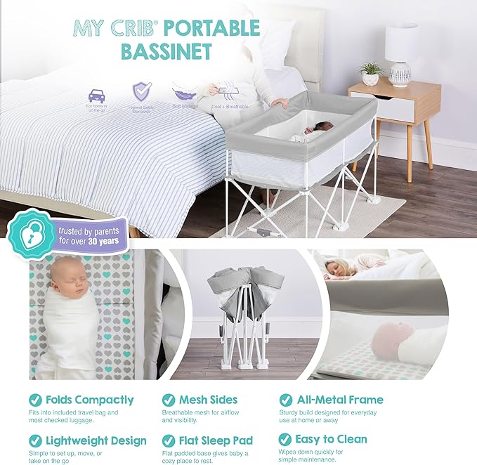 Regalo My Crib Portable Infant Bassinet, Includes Design Padded Insert, Travel Carry Bag, Support Tubes, Step Safety Locking Mechanism, Grey