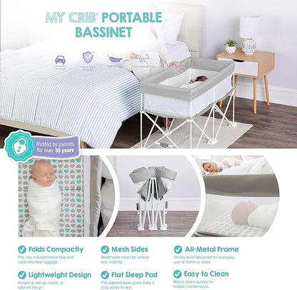 Regalo My Crib Portable Infant Bassinet, Includes Design Padded Insert, Travel Carry Bag, Support Tubes, Step Safety Locking Mechanism, Grey