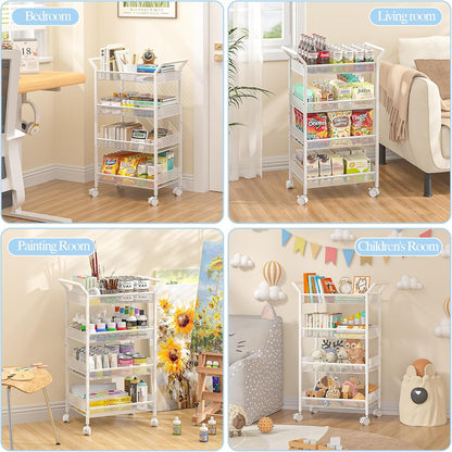 Baby Diaper Caddy Cart, 4-Tier Diaper Caddy Organizer and Storage, Rolling Utility Cart for Baby Supplies, Diaper Cart with Wheels for Bedroom, Nursery, Changing Table, White