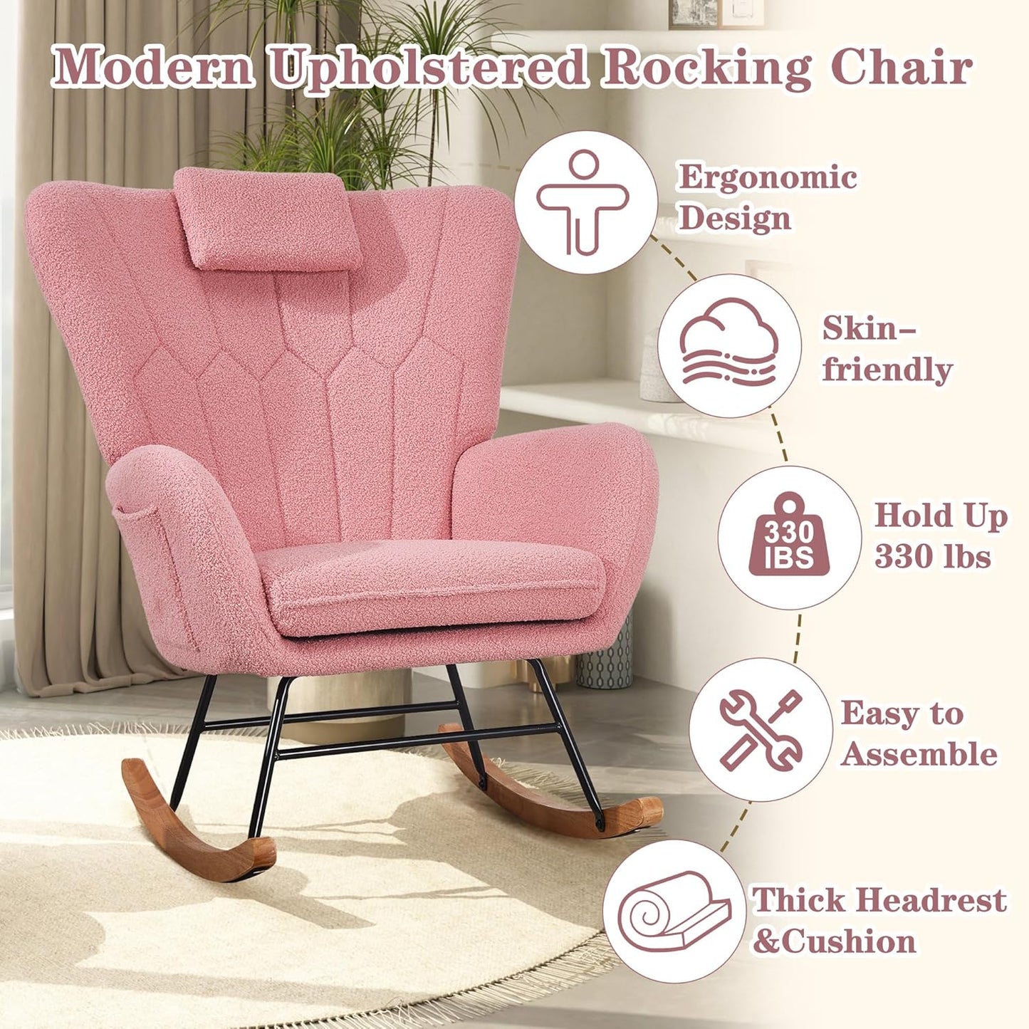 VECELO Rocking Chair Nursery with Thick Headrest, Modern Teddy Upholstered Reading Glider Rocker Accent Armchair with High Backrest, Padded Seat, Side Pocket, for LivingRoom, Bedroom, Baby Room, Pink