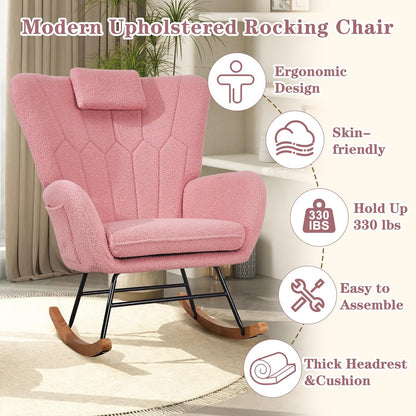 VECELO Rocking Chair Nursery with Thick Headrest, Modern Teddy Upholstered Reading Glider Rocker Accent Armchair with High Backrest, Padded Seat, Side Pocket, for LivingRoom, Bedroom, Baby Room, Pink