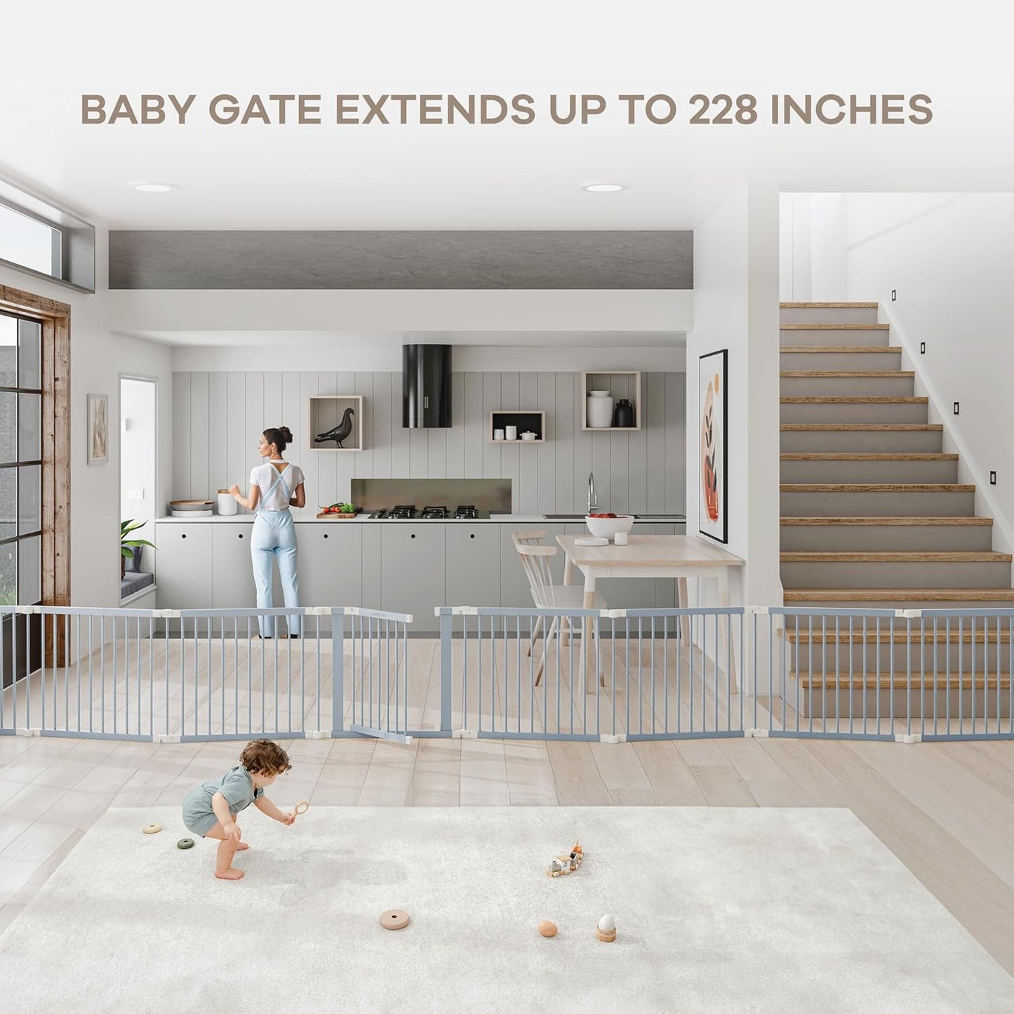 Comfy Cubs Baby Gate Playpen - 57 x 57 x 25 in, Extends Up to 228” - Pine Wood Foldable Playpen with Child-Proof Lock - Easy Assembly Baby Fence Play Area for Babies & Toddlers - Light Wood White