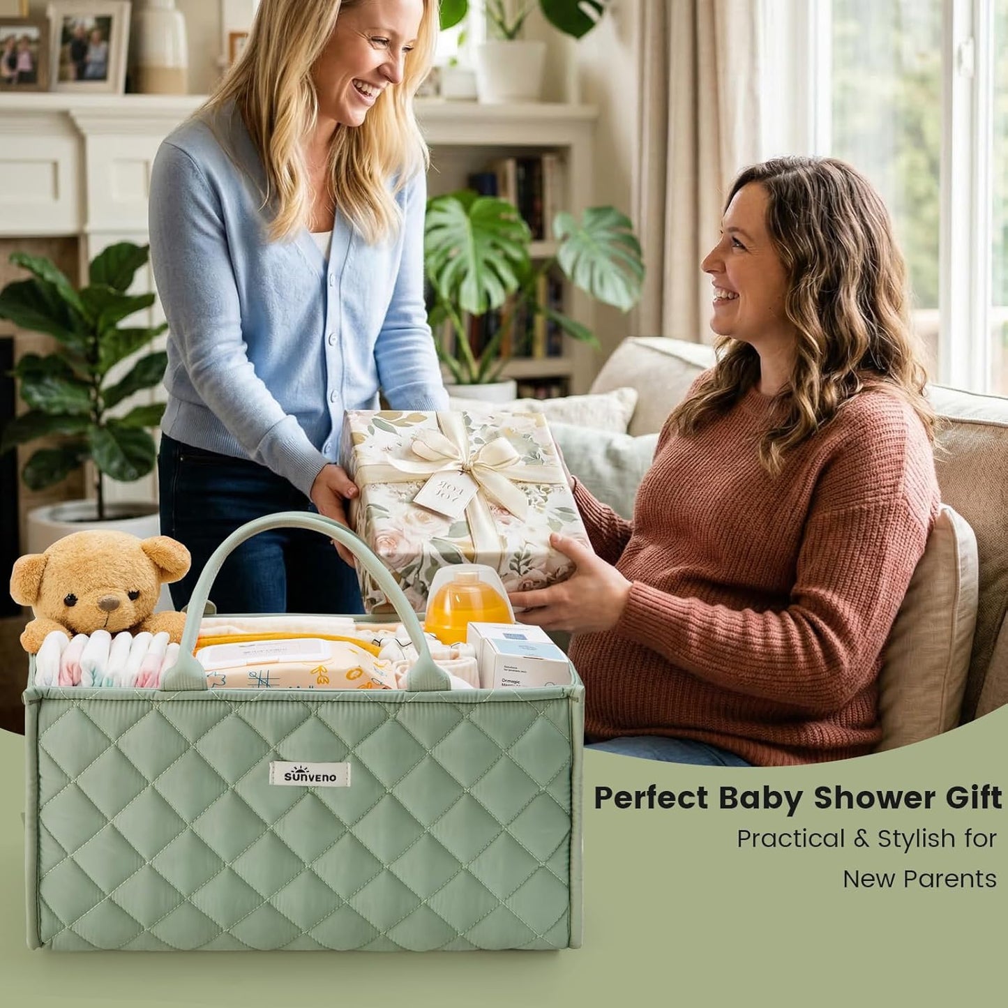 SUNVENO Quilted Diaper Caddy Organizer, Soft Padded Baby Diaper Caddy with Removable Dividers, Large Nursery Storage Basket for Diapers, Wipes and Baby Essentials, Portable Nursery Organizer, Brown