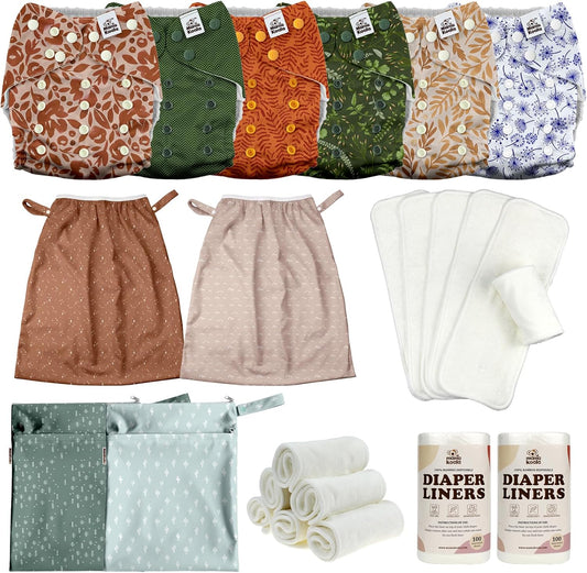 MK 3.0 Baby Cloth Diapers with 6 Inserts Bundle, with Bboo Liners, 5-Layer Bboo Inserts (6 Pack), Wet Bags and Pail Liners.