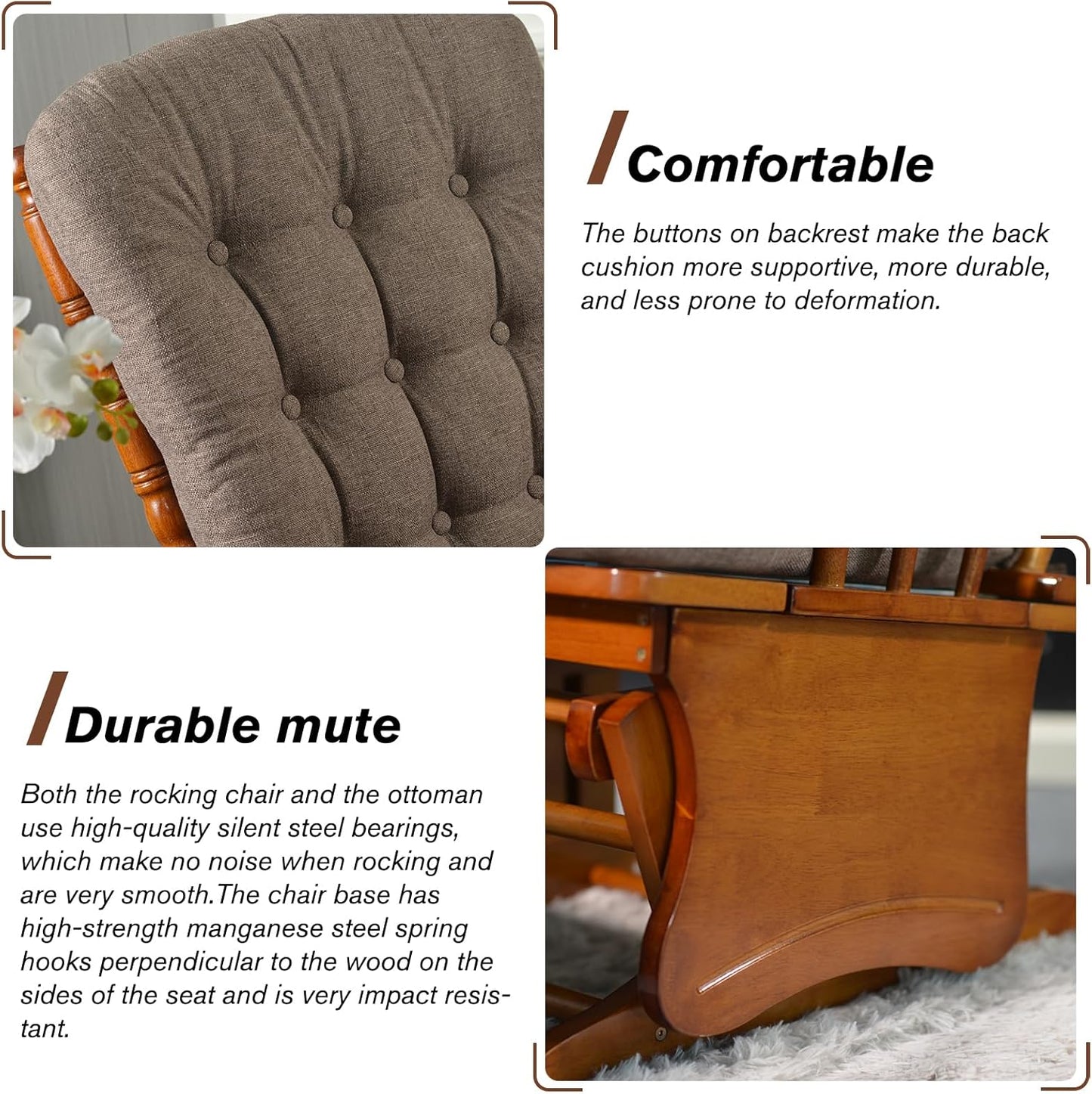 Glider Rocking Chair with Ottoman Set, Solid Wood Nursery Glider Rocker with Padded Cushion, High Back Upholstered Swivel Glider for Living Room, Nursing, Reading, 280LBS Weight Capacity,Oak+Khaki