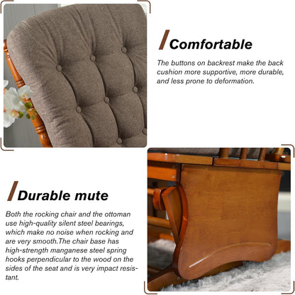 Glider Rocking Chair with Ottoman Set, Solid Wood Nursery Glider Rocker with Padded Cushion, High Back Upholstered Swivel Glider for Living Room, Nursing, Reading, 280LBS Weight Capacity,Oak+Khaki