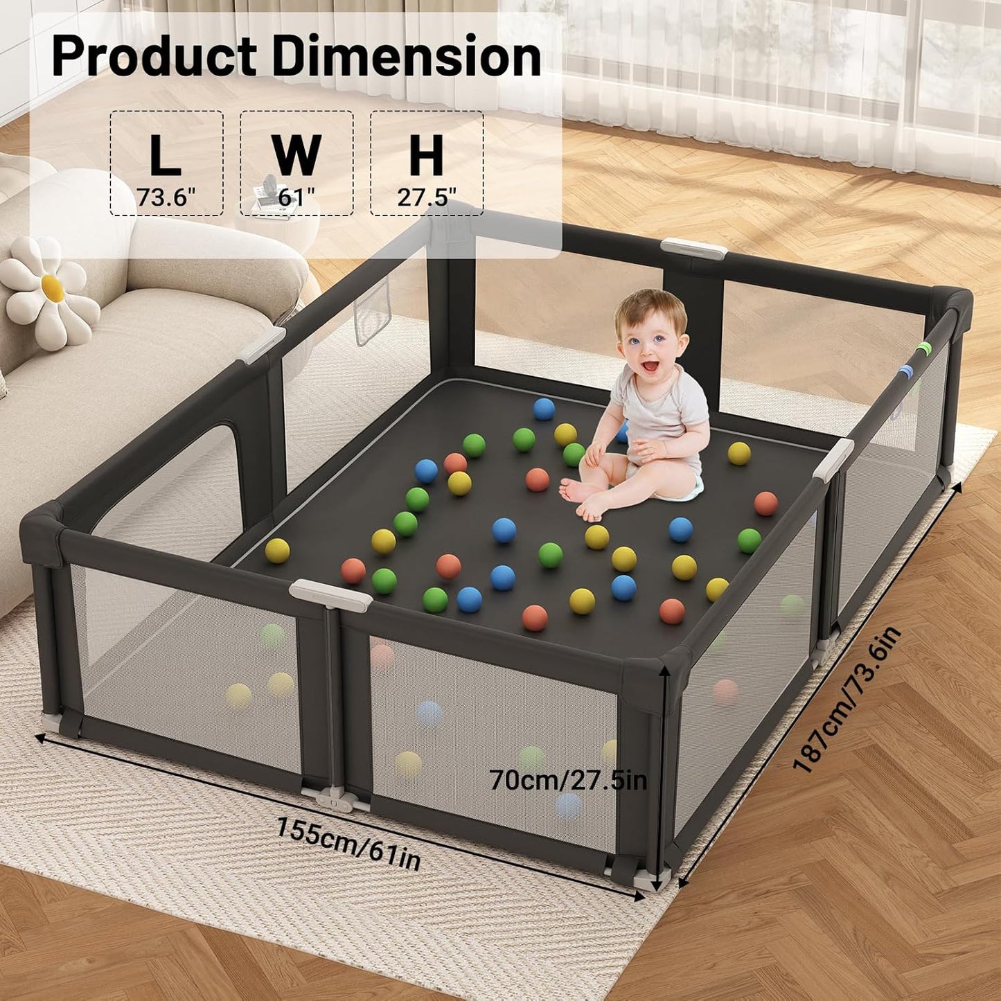 Foldable Playpen for Babies and Toddlers, 51" Portable Play Pen with Mat and Ocean Balls, Play Yard with with Visible Mesh for Inddor and Outdoor, No Assembly Required, Dark Gray