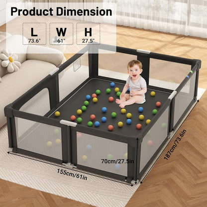 Foldable Playpen for Babies and Toddlers, 51" Portable Play Pen with Mat and Ocean Balls, Play Yard with with Visible Mesh for Inddor and Outdoor, No Assembly Required, Dark Gray