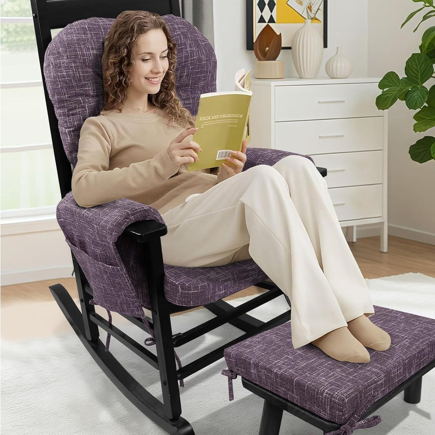 SINOSSO Glider Rocker Cushion Set (5 Pcs), Soft Blended Fabric High-Density Support Foam Seat Cushions with Ties, Fits Rocking Chair/Nursery Glider & Ottoman, Black-Gray