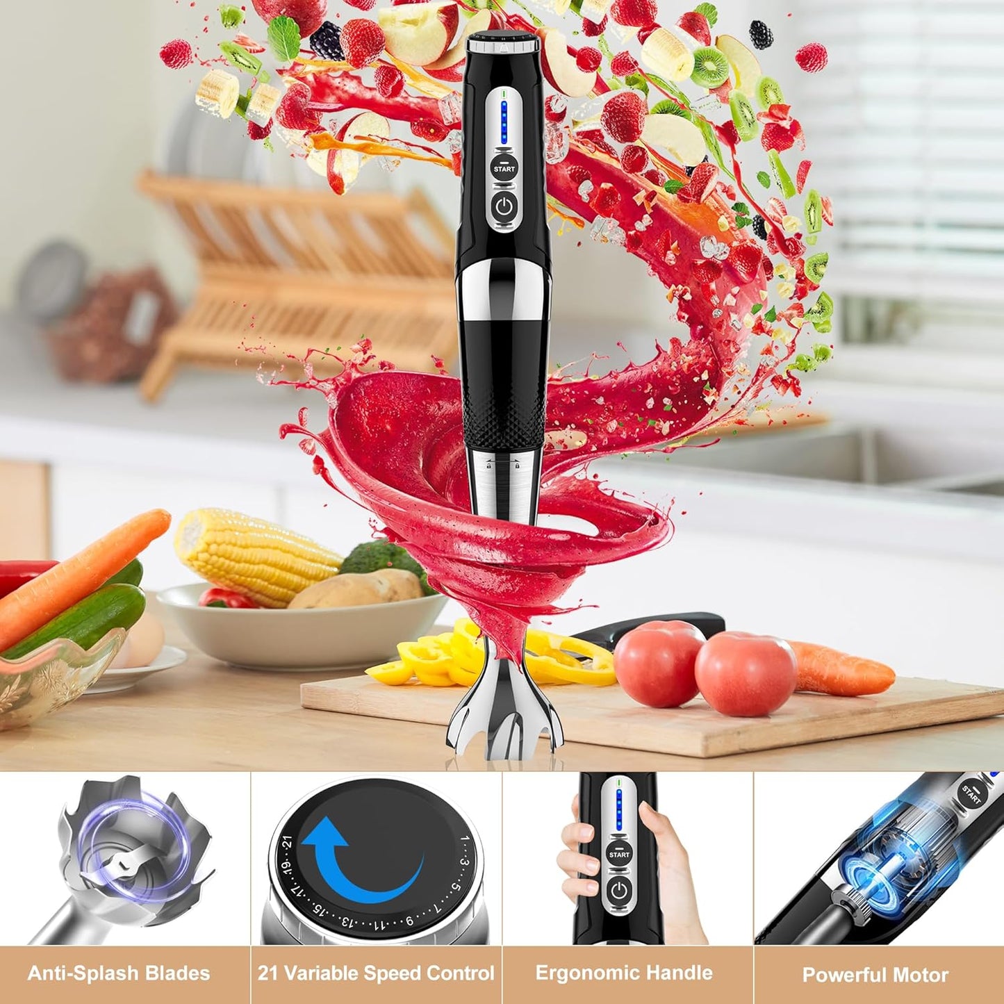 Toogel Cordless Immersion Blender, Electric Hand Blender with 21-Speed & 3-Angle Adjust, USB Rechargeable, BPA-Free & Dishwasher Safe for Baby Food, Smoothies, Soup (Grey)
