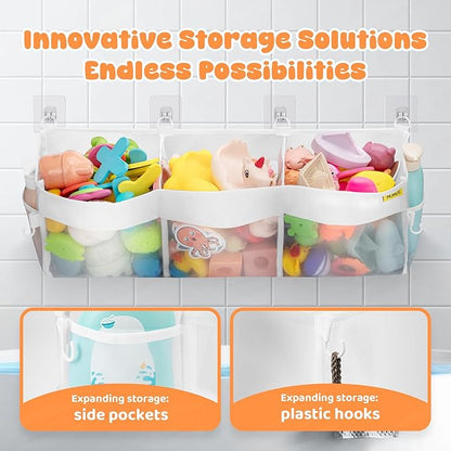 Bath Toy Organizer 3 Compartment Bath Toy Storage Bag Shower Caddy Quick Access Bathtub Toys Holder Baby Shower Games Tub Quick Dry Baby Bathroom Toys Storage Accessory White
