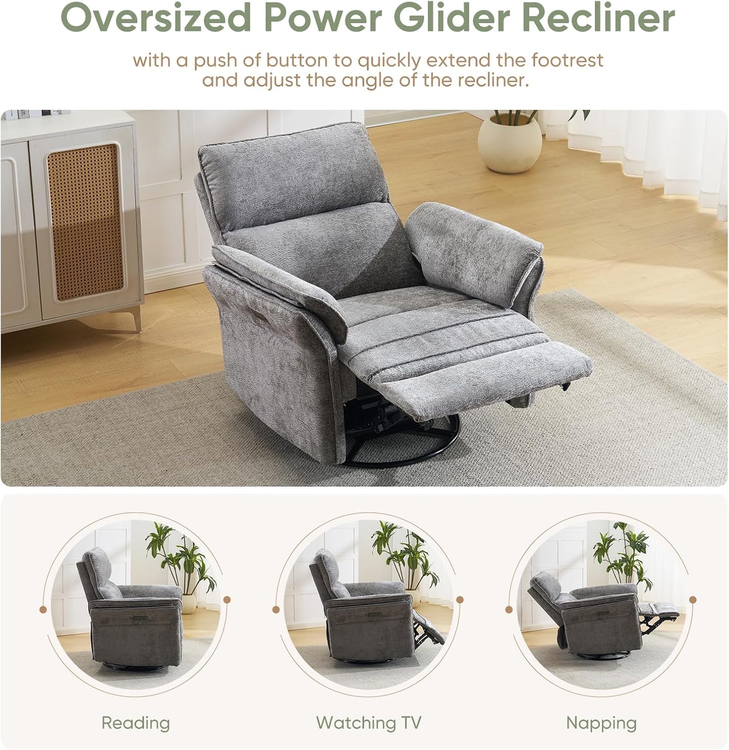 Oversized Glider Rocker Recliner, 26" Extra Wide 360° Swivel Nursery Recliner with Adjustable Headrest, Chenille Rocking Nursery Chair with Overstuffed Armrest, Lumbar Support, Light Grey