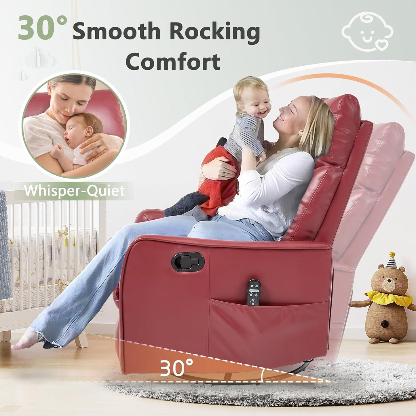 cinkehome Swivel Rocker Recliner, Glider Rocker Recliner Chair for Nursery, Manual Reclining Chair with Heated Massage, Small Spaces, Living Room, Khaki Chenille