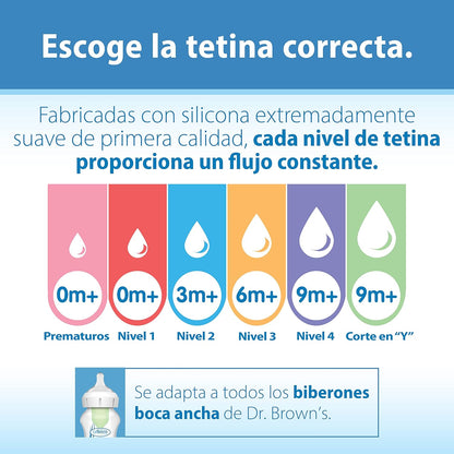 Dr. Brown’s Natural Flow® Level 2 Wide-Neck Baby Bottle Silicone Nipple, Medium Flow, 3m+, 100% Silicone Bottle Nipple, 6 Pack
