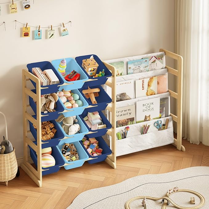 EXPERLAM Toy Storage Organizer with Bookshelf - 12 Storage Bins 4-Tier Multipurpose Shelf to Organize Toys and Books for Kids Room, Playroom, Nursery Room, Blue
