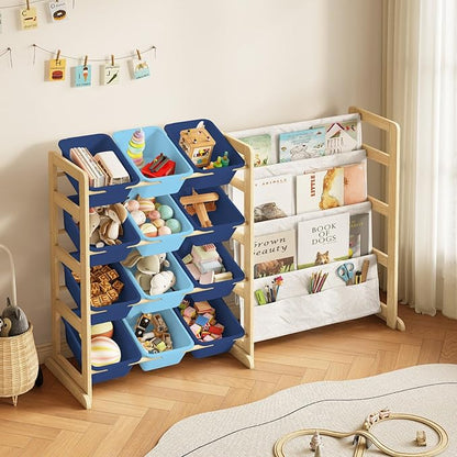 EXPERLAM Toy Storage Organizer with Bookshelf - 12 Storage Bins 4-Tier Multipurpose Shelf to Organize Toys and Books for Kids Room, Playroom, Nursery Room, Blue
