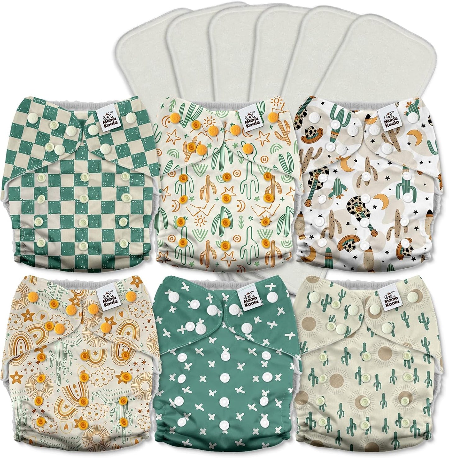 Mama Koala 3.0 Pocket Cloth Diapers for Babies with AWJ Lining, 6 Pack with 6 4-Layer Natural Cloth Diaper Inserts - Reusable and Washable Pocket Diapers(Hardworking Bees) - Colors A