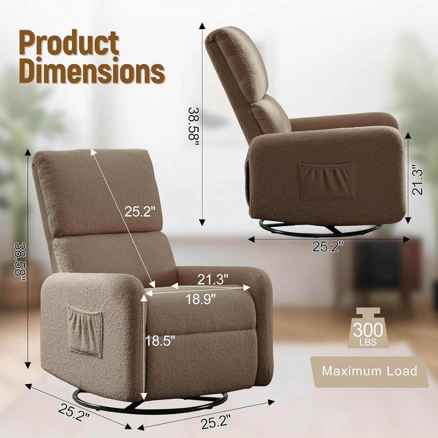 Korser 360° Rocking Chair, Nursery Rocker Chair with Side Pockets, Glider Nursing Chair with Steel Structure Base, Small Chair for Small Spaces, Sherpa Swivel Accent Chairs for Living Room, Nursing