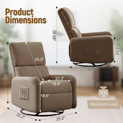 Korser 360° Rocking Chair, Nursery Rocker Chair with Side Pockets, Glider Nursing Chair with Steel Structure Base, Small Chair for Small Spaces, Sherpa Swivel Accent Chairs for Living Room, Nursing