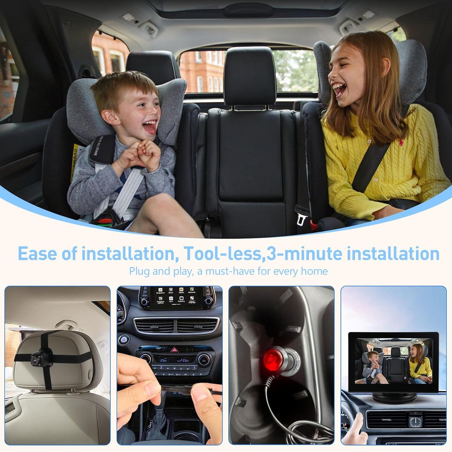 Baby Car Camera Monitor for Backseat - Baby Car Mirror - Safety Rear Facing Infant Back Seat Camera with 4.3" Display, HD 1080P, Night Vision, Easy Installation - Black