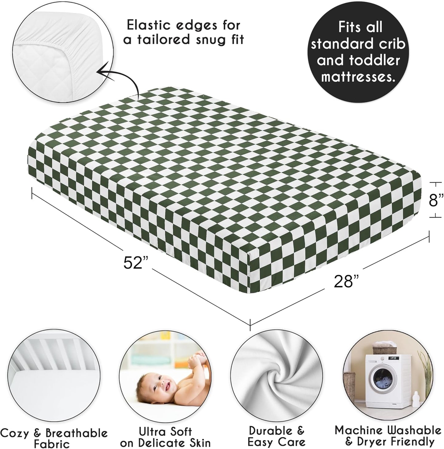 Sweet Jojo Designs 2-Piece Baby Bassinet Sheets Set (Black/White Gingham Checkered Plaid) for Boy/Girl, Infant Newborn Nursery, Oval, Rectangle & Hourglass Mattress (Solid Onyx & Classic Checkerboard)