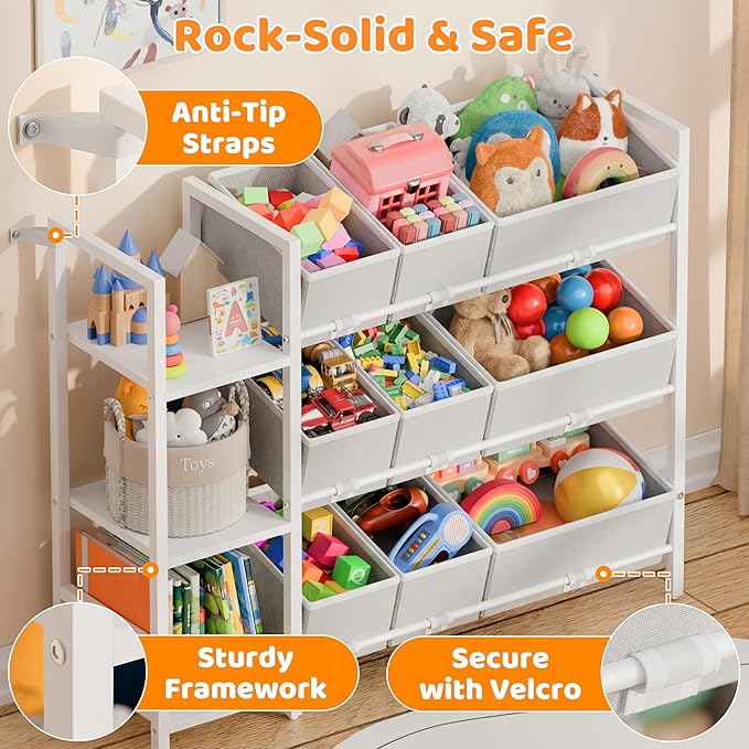 CODACE Kids Toy Organizers and Storage - Toy Shelf for Playroom， Kids Room and Living Room Organization, Toddler Toy Bins for Kids Organizer，Kids Bookshelf and Toy Storage, White, Easy to Assemble