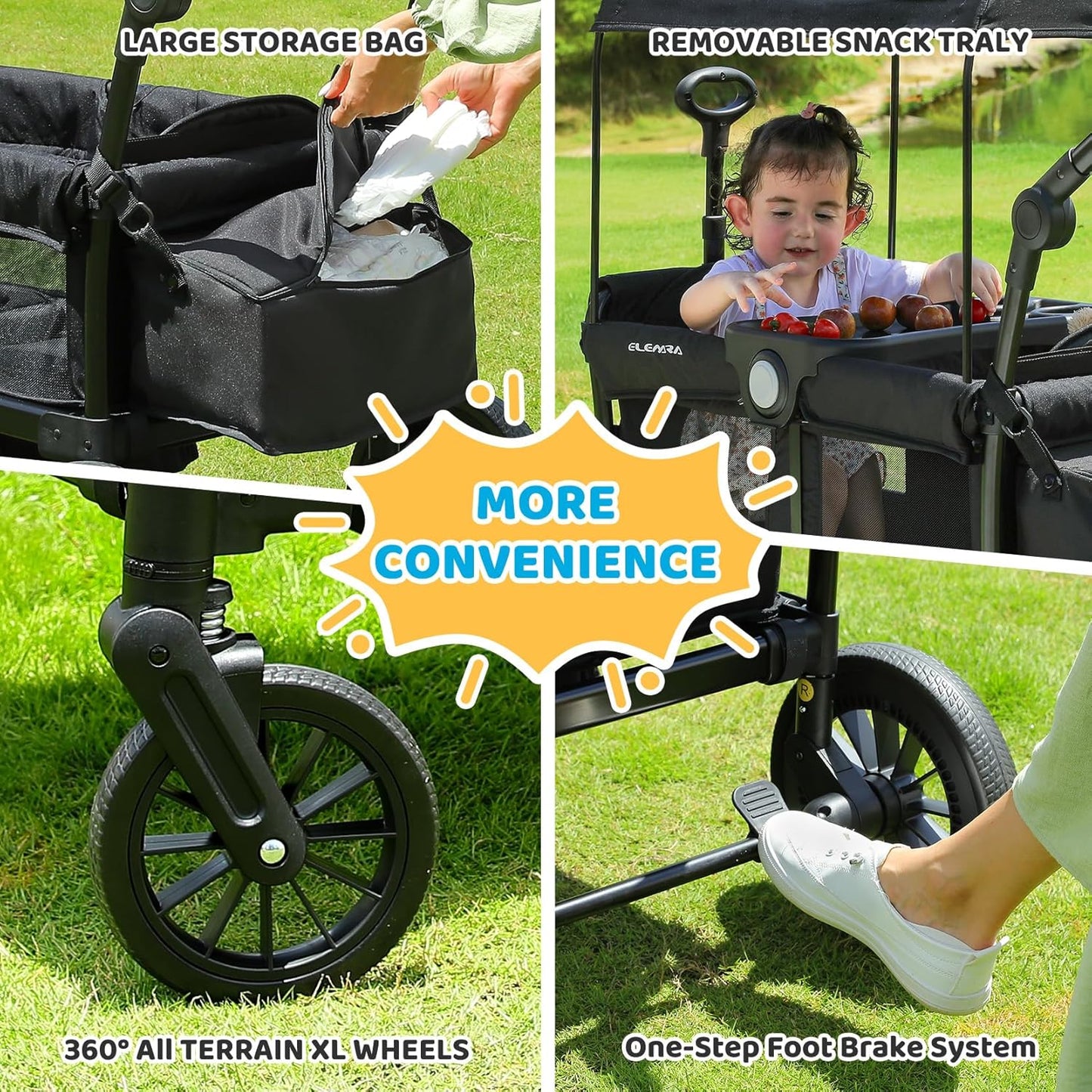 ELEMARA Stroller Wagon, 2 Seat Stroller for 2 Kids, Premium All Terrain Stroller for Kids w/Removable Canopy, Adjustable Push/Pull Handle, Large Storage Bag, Black