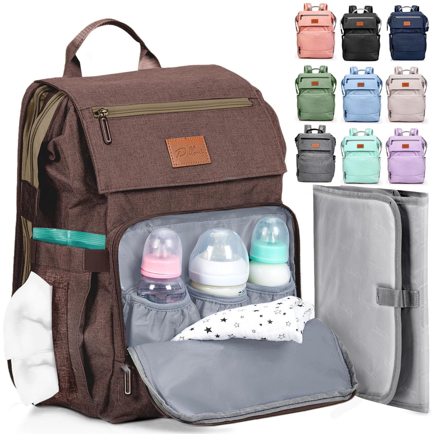 PILLANI Baby Diaper Bag Backpack - Large Waterproof Travel Diaper Bag for Boys & Girls, 16 Organizer Pockets with Changing Pad, Insulated Bottle Pockets & Stroller Straps, Baby Shower Gifts, Dinosaur