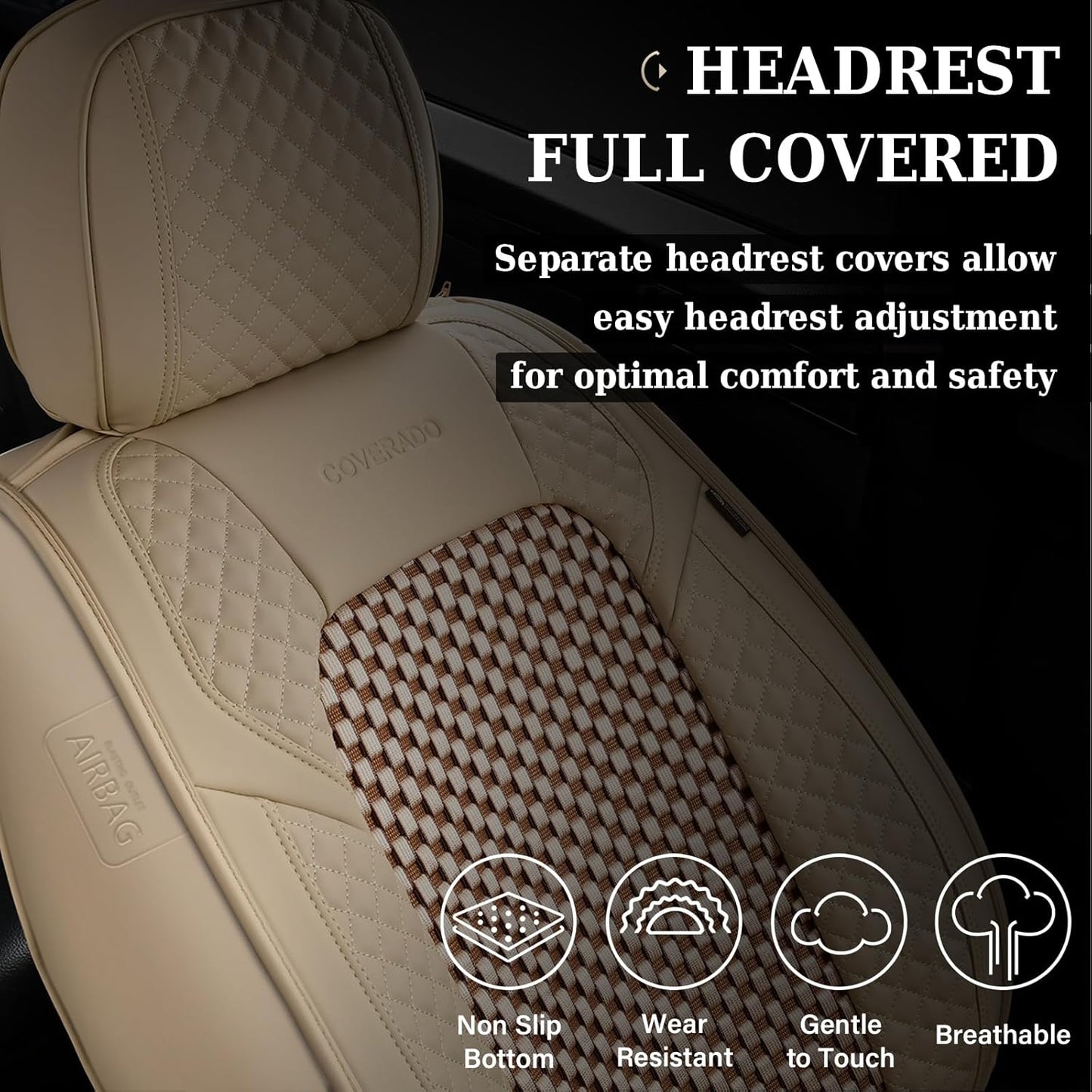 Coverado Leather Seat Covers for Car, Waterproof Car Seat Covers Full Set, 2 in 1 Conversions Car Seat Cover Protector Car Accessories Universal Fit for Most Cars SUVs and Trucks Beige