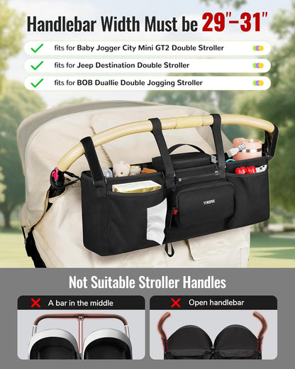 YOREPEK Heavy Duty Double Stroller Organizer for Bob Duallie, Baby Jogger City Mini GT2 and Jeep,Stroller Caddy with Detachable Cooler Bag and Handbag,Stroller Storage Attachment for Baby Accessories