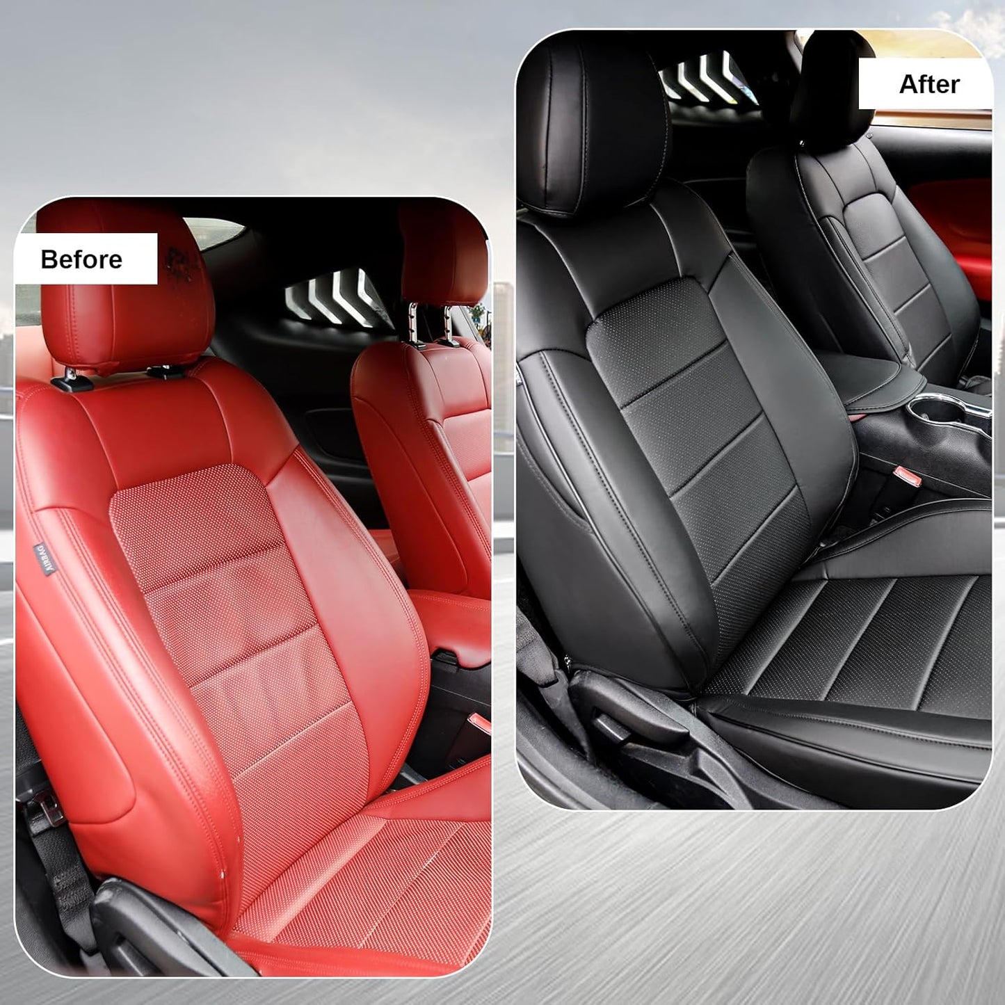 Custom Fit Ford Mustang Convertible Seat Cover 2015 2016 2017 2018 2019 2020 2021 2022 2023 2024 2025 2026, Faux Leather Car Seat Cover Full Set (Convertible-Red+Balck)