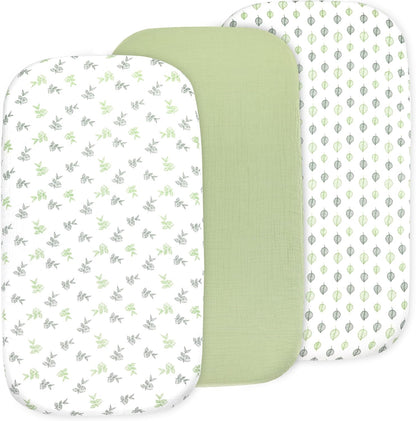 3-Pack Bedside Sleeper Bassinet Sheets | GOTS Certified Organic 100% Muslin Cotton | Ultra Soft & Breathable | 33×20×4” Fitted Sheets | Universal Fit 29–33” x 17–21” Pads