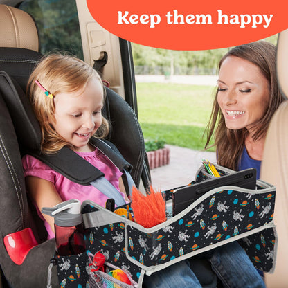 PILLANI Kids Travel Tray for Car Seat - Carseat Tray w/ iPad Holder & Dry Erase Board, Road Trip Activities - Toddler Lap Desk Organizer for Airplane - Roadtrip & Travel Essentials - Pack of 2, Pink