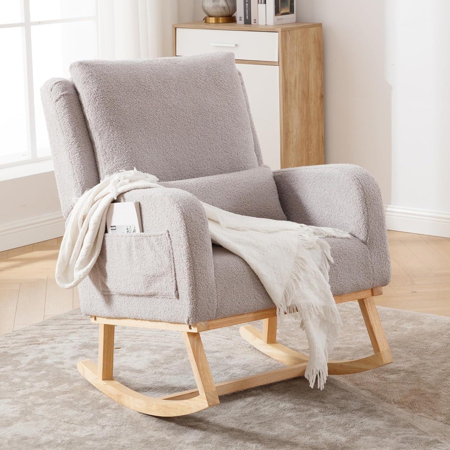 HCHAIRH Rocking Chair Nursery, Sherpa Nursing Rocking Chairs, Upholstered Nursery Glider Rocker for Mom Nursery Morden Accent Rocking Chair Pillow for Living Room,Bedroom,Teddy Light Grey