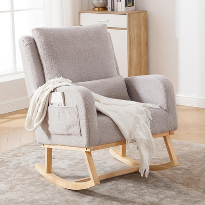 HCHAIRH Rocking Chair Nursery, Sherpa Nursing Rocking Chairs, Upholstered Nursery Glider Rocker for Mom Nursery Morden Accent Rocking Chair Pillow for Living Room,Bedroom,Teddy Light Grey