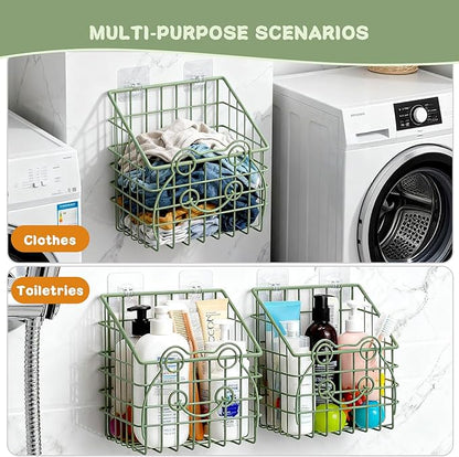 Greentainer 2 PackBath Toy Organizer, Wall Mounted Shower Storage Basket - Metal Bathtub Toy Holder with Hooks for Sorting Kids Toys, Baby Bath Accessories, Toiletries & Shampoo（Green frog）