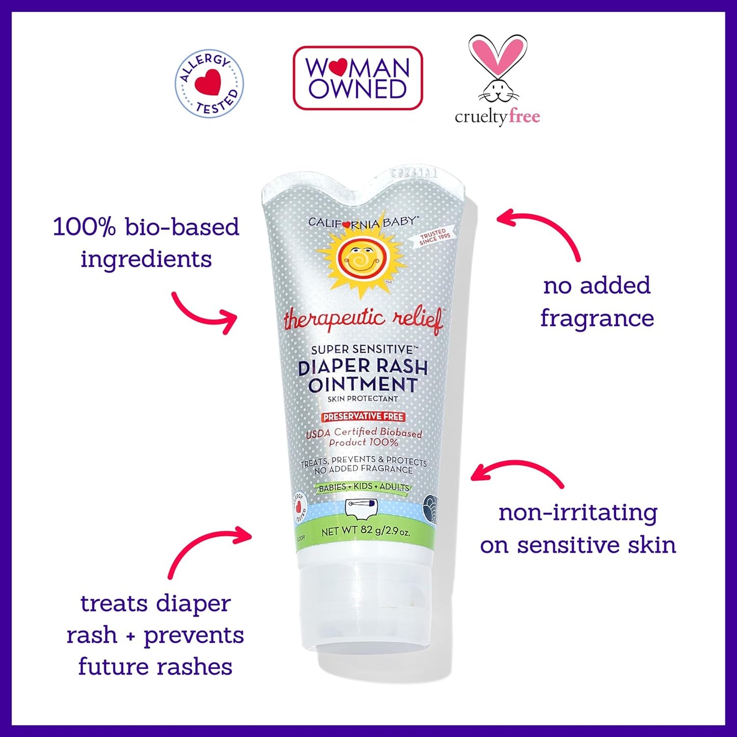 California Baby Super Sensitive Diaper Rash Cream | 100% Bio-Based | Zinc Oxide Ointment | Unscented Diaper Cream | Cloth Diapers Safe | 82 g / 2.9 oz