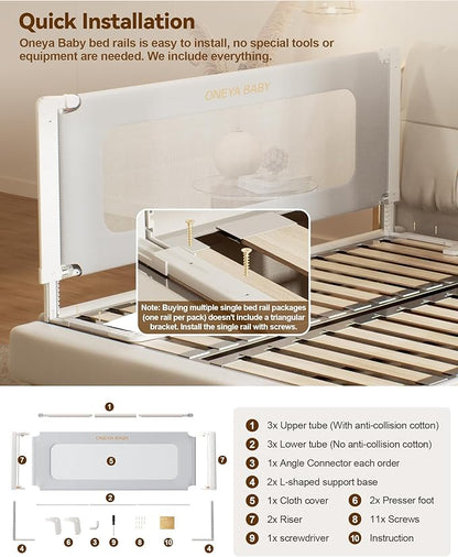 Bed Rail for Toddlers, Thickened & Reinforced Toddler Bed Rails with Height Adjustable, Upgraded Kids Baby Bed Rail Guard, Bed Side Rails for Twin, Full, King Size, Grey, 1 Side, 74.8" Lx28 H