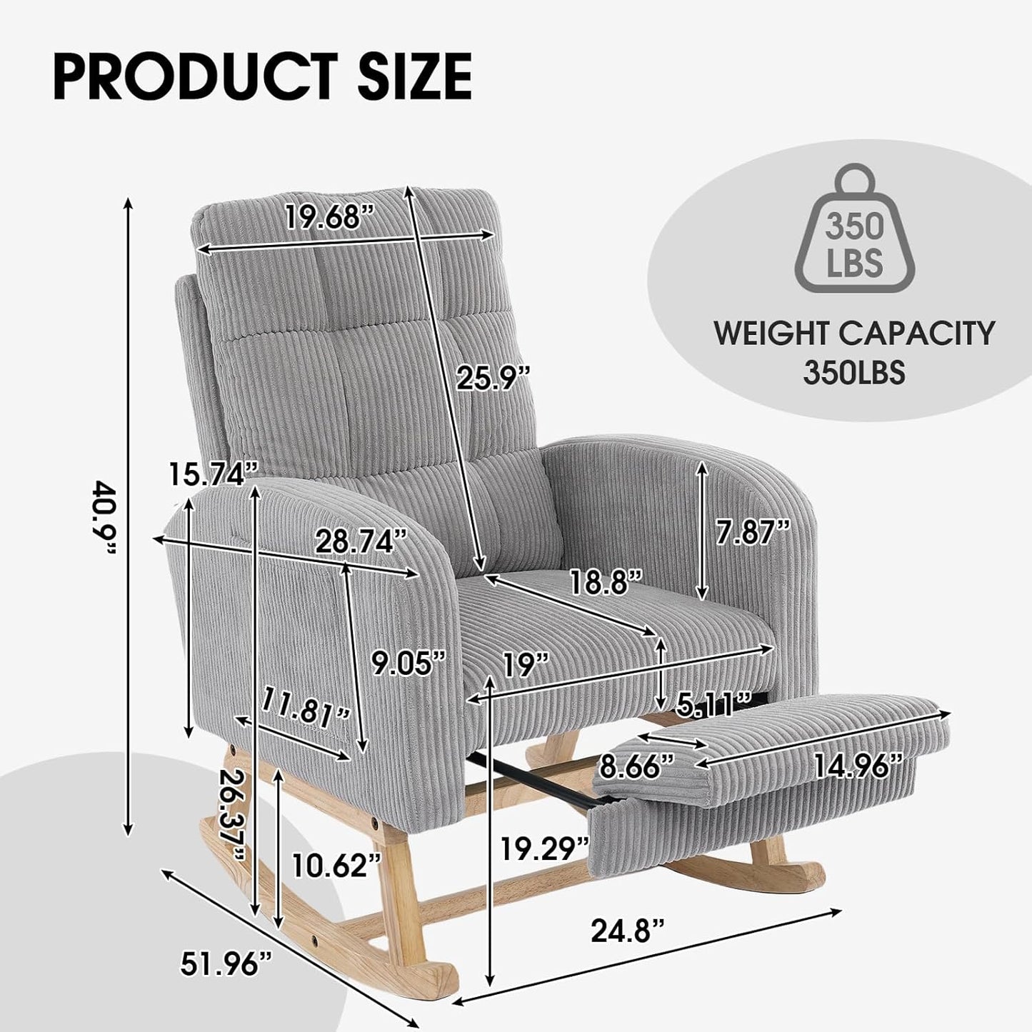 NIOIIKIT Nursery Rocking Chair, Corduroy Upholstered Rocking Chair with Adjustable Footrest, Tufted Rocker Chair with Side Pocket, Glider Rocker for Living Room, Bedroom (Cream Retro)