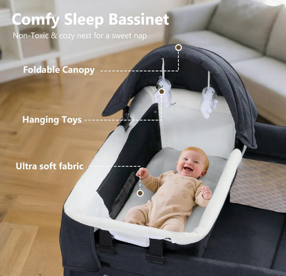 Kinder King 4 in 1 Foldable Pack and Play with Bassinet & Changing Table, Portable Playard for Babies and Toddlers, Adjustable Canopy, Storage Bag, Light Gray