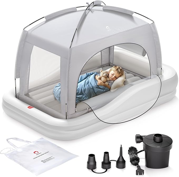 QPAU Inflatable Toddler Travel Bed with Tent, Portable Kids Air Mattress with Safety Sides, Ideal for Home, Grandma's, Camping, Traveling -Includes Fast Electric Pump