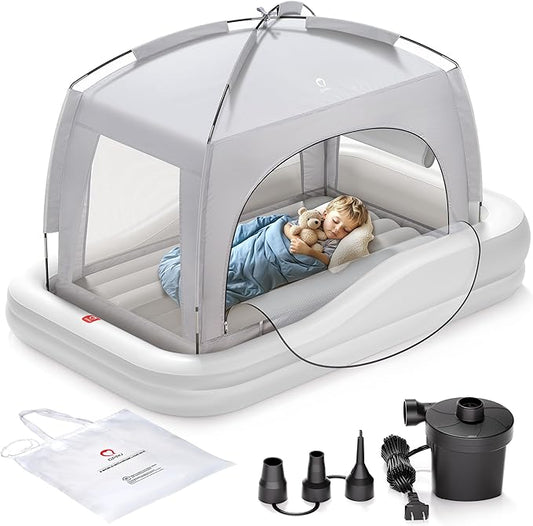 QPAU Inflatable Toddler Travel Bed with Tent, Portable Kids Air Mattress with Safety Sides, Ideal for Home, Grandma's, Camping, Traveling -Includes Fast Electric Pump