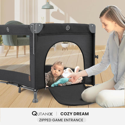 QUTANIX 2-in-1 Pack and Play with Mattress,Baby Bassinet Bedside Sleeper, Bedside Bassinet & Baby Playpen, Easy Folding Portable Crib for Newborn to Toddlers (Dark Grey)