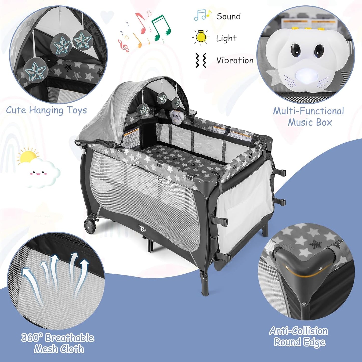 BABY JOY 4 in 1 Pack and Play with Canopy, Portable Baby Playard with Bassinet, Double-Layer Baby Crib, Wheels & Brake, Foldable Baby Girl Pink Princess Bassinet from Newborn to Toddler