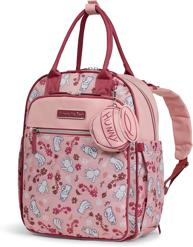 Disney Diaper Bag Backpack with Changing Pad Winnie the Pooh – 16” Nylon Baby Bag for Parents, Insulated Bottle Holders, Multiple Storage Pockets