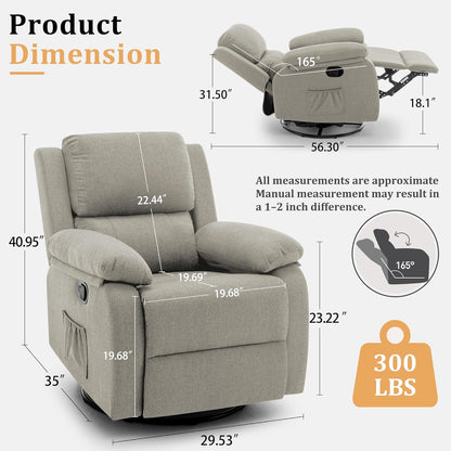 Korser Recliner Chair, 360 Swivel Rocker Chair for Adults, Small Rocking Recliner for Small Spaces, Upholstered Fabric Glider Recliner Nursery