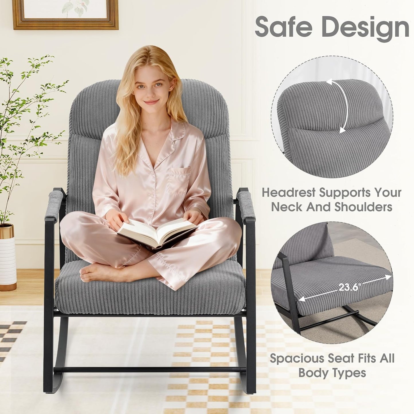 HOMEFUN Nursery Rocking Chair,Patio Rocking Chair,Upholstered Glider Rocker with Padded Seat and High Backrest Safe and Comfy Armchair for Living Room Office,Front Porch, Garden, Patio, Backyard Cream