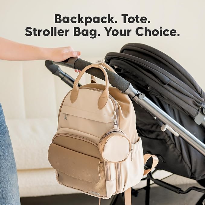 KeaBabies Diaper Bag Backpack - Small Multifunctional Travel Diaper Back Packs, Maternity Baby Changing Bags, 12L Capacity, PU Leather, Waterproof, Unisex, Nappy Changing Pad (Latte, Small)
